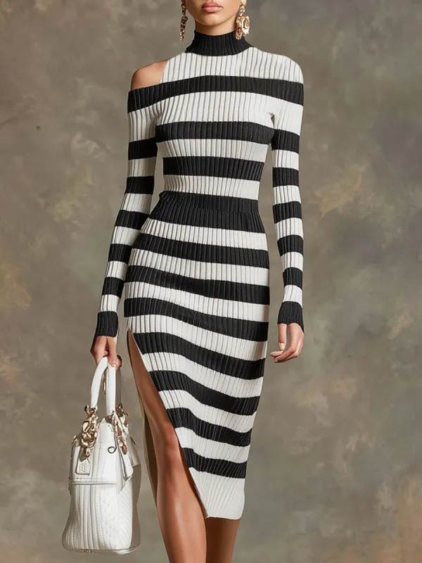 Retro Black And White Striped Knit Off-shoulder Slit Midi Dress sold by Oyrosy