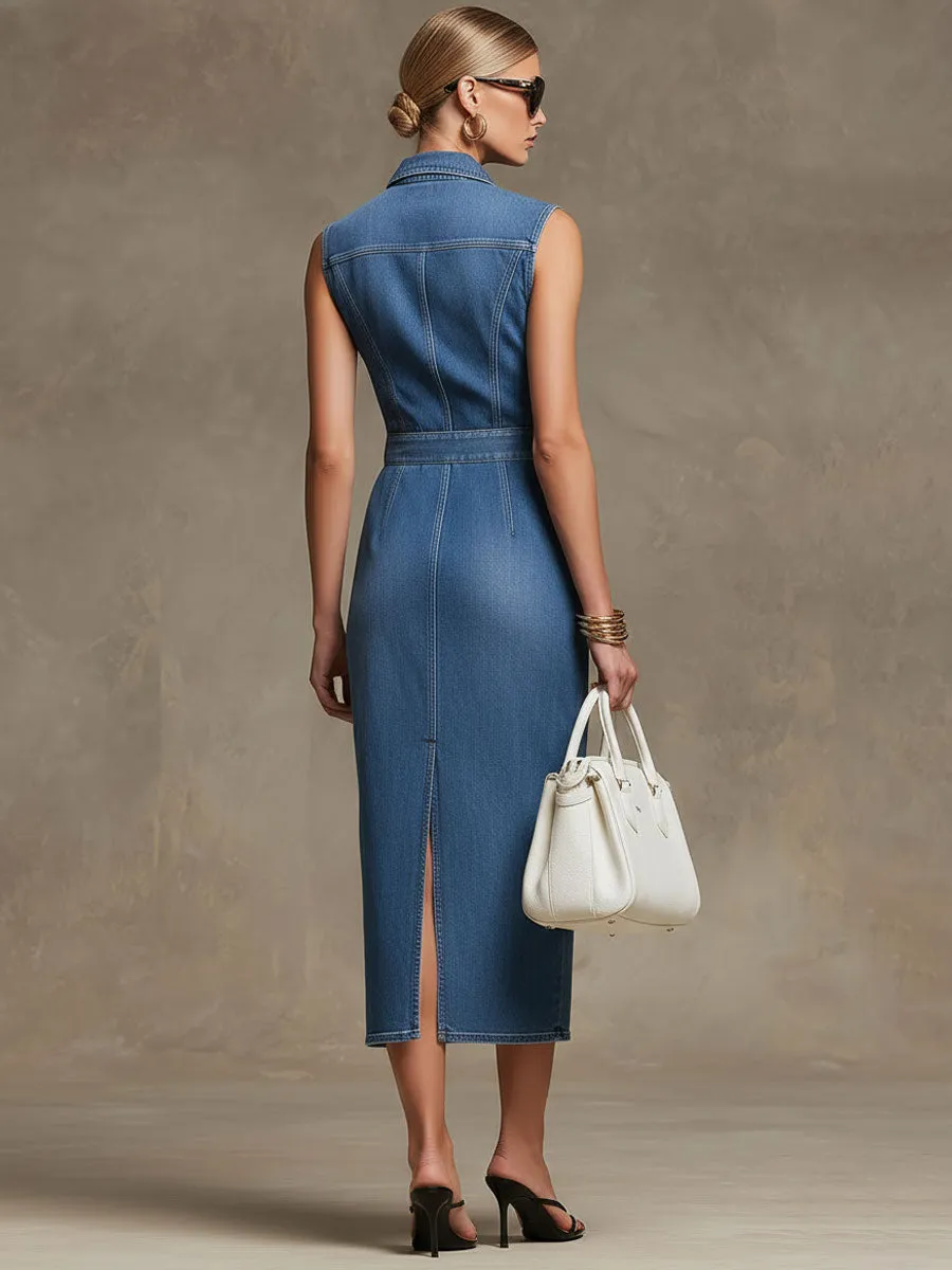 Retro Blue Denim Cardigan Style Long-sleeved Midi Dress sold by Oyrosy product image thumbnail 3