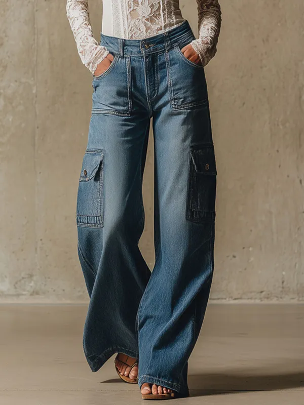 Retro Multi-pocket Workwear Denim Pants sold by Oyrosy