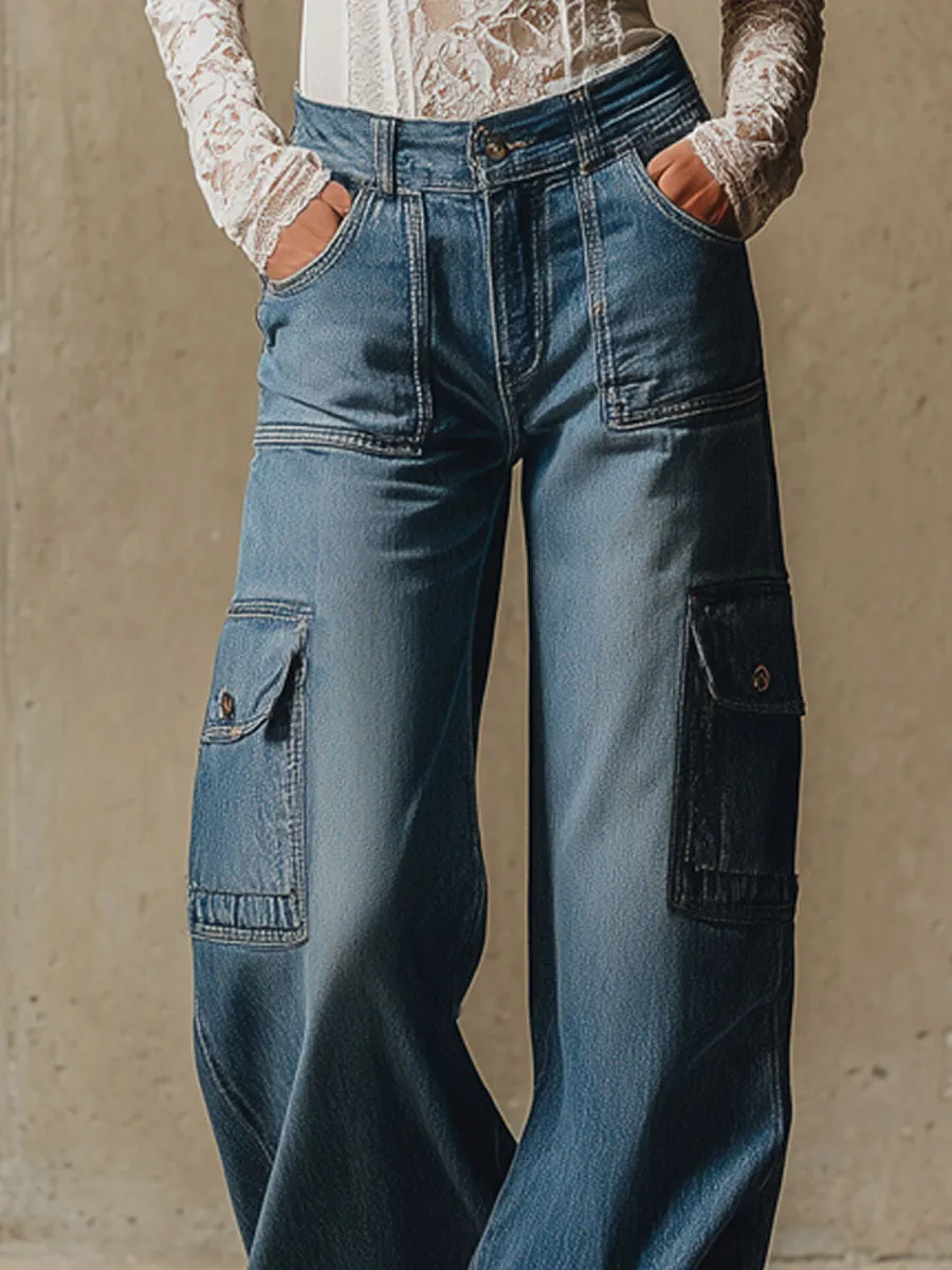 Retro Multi-pocket Workwear Denim Pants sold by Oyrosy product image thumbnail 2