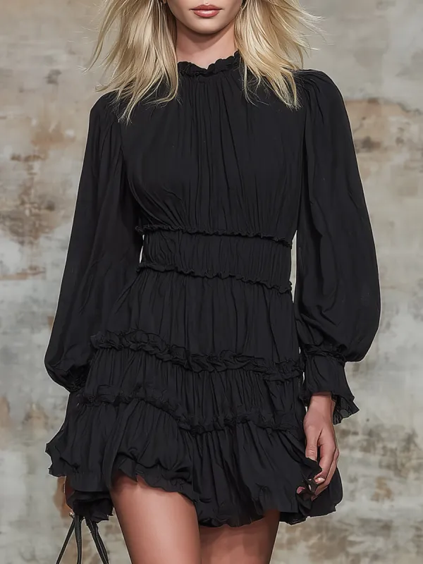 Elegant Black Round-neck  With Ruffled Trim Mini Dress made by Oyrosy
