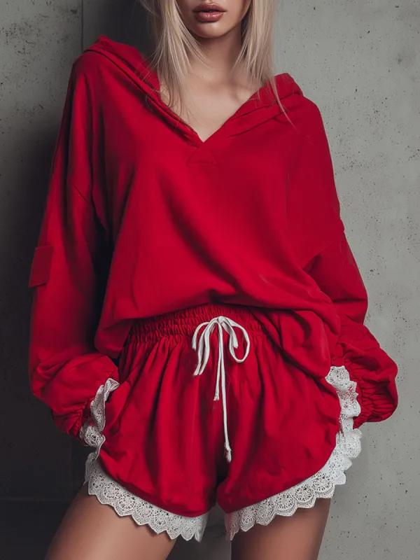 Lace-trimmed Loose-fitting Hooded Sweatshirt And Shorts Tracksuit Set sold by Oyrosy