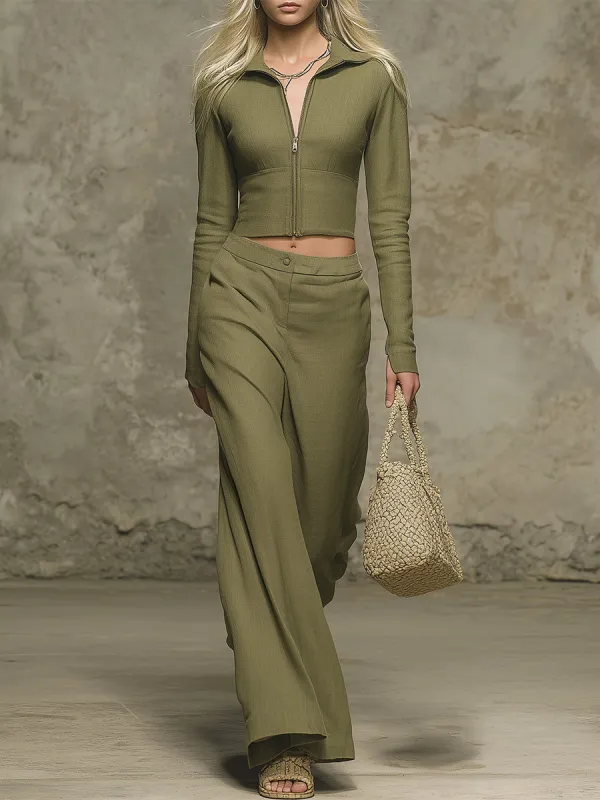 Western-style Olive Green Linen Zip-up Top And Wide-leg Pants Set sold by Oyrosy