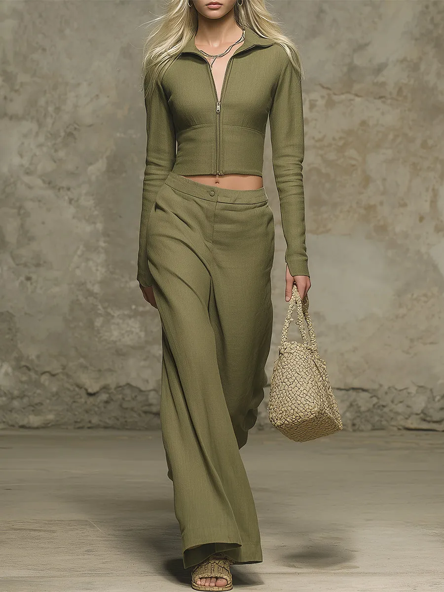 Western-style Olive Green Linen Zip-up Top And Wide-leg Pants Set sold by Oyrosy