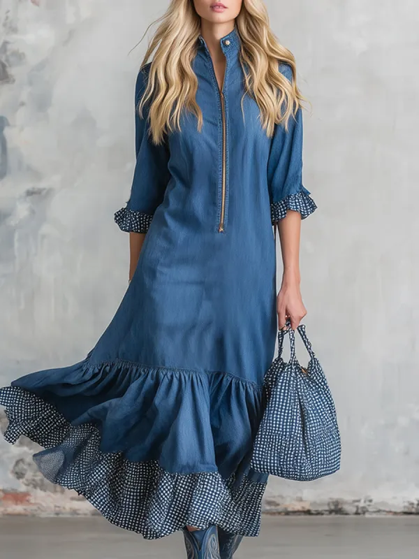 Casual And Stylish Checkered Ruffle Blue Denim Midi Dress sold by Oyrosy