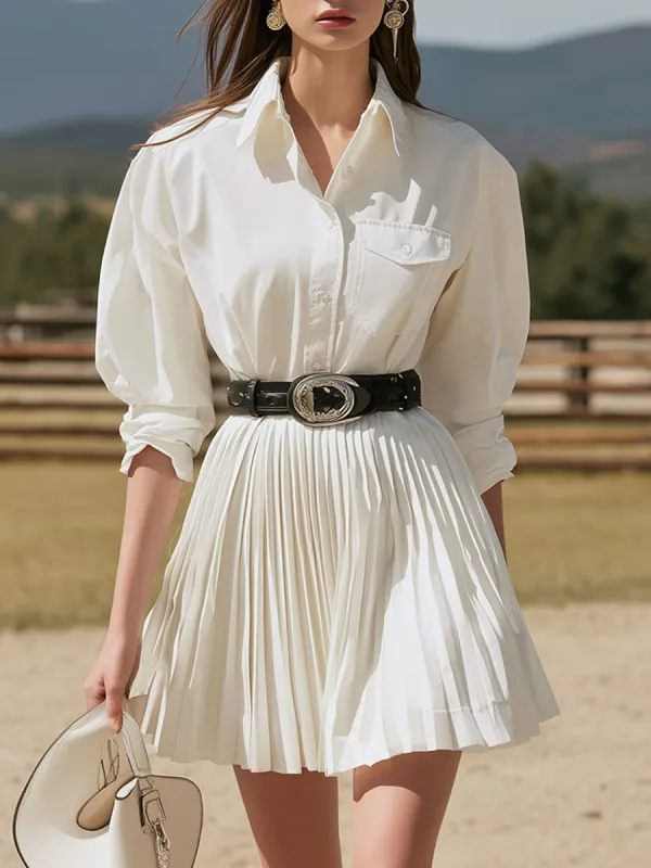 Stylish Vintage White Cotton And Chiffon Patchwork Pleated Mini Dress sold by Oyrosy