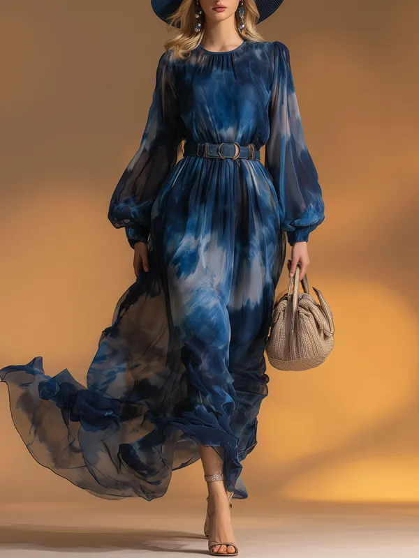 Retro Style Blue Printed Chiffon Midi Dress sold by Oyrosy