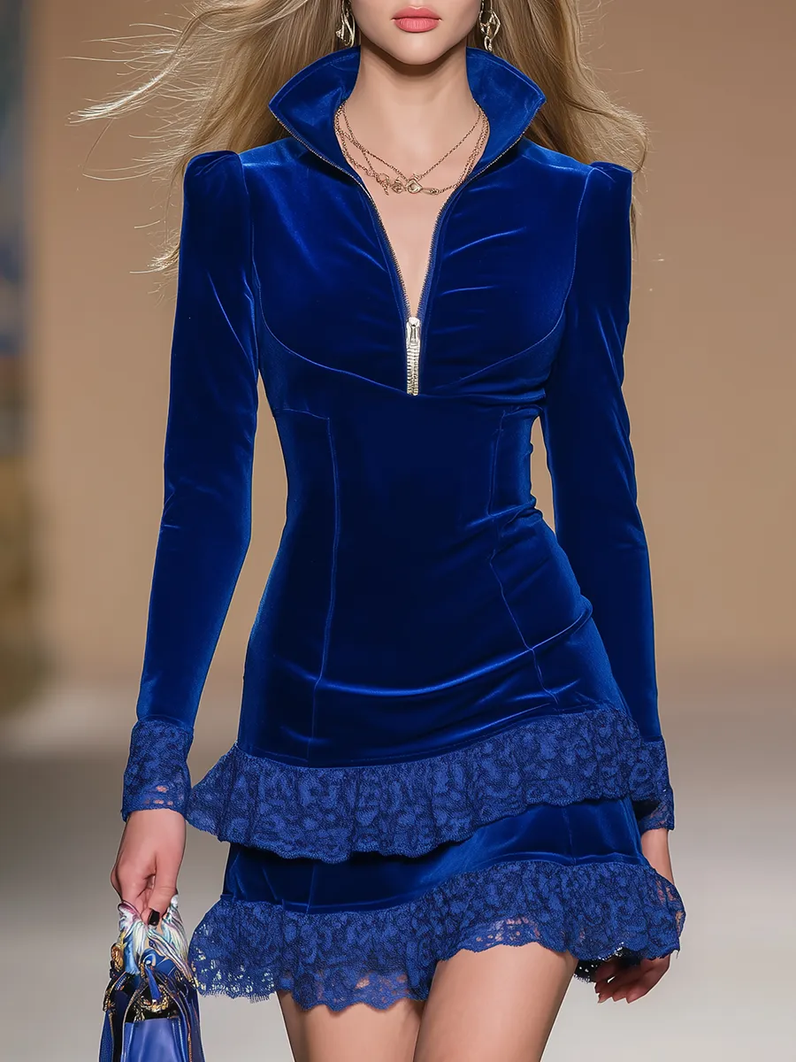 Elegant Vintage-style Zipper Stand Collar Lace Trim Velvet Mini Dress sold by Oyrosy