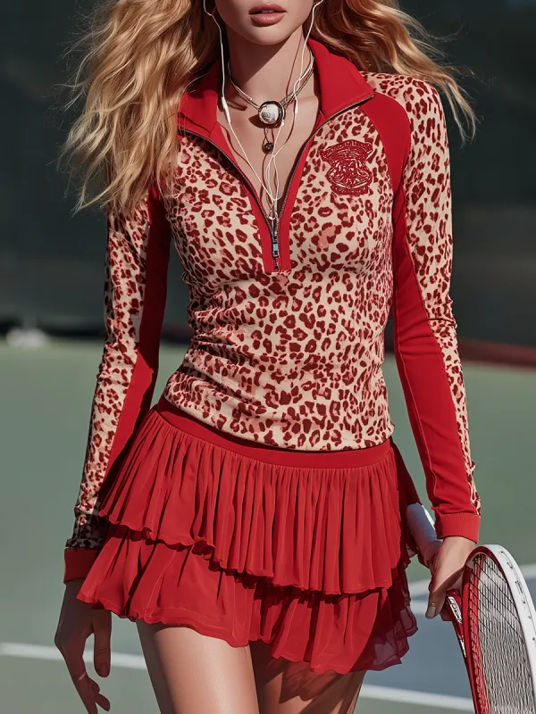 Retro Sporty Leopard Print Faux Suede Top And Chiffon Skirt Set sold by Oyrosy