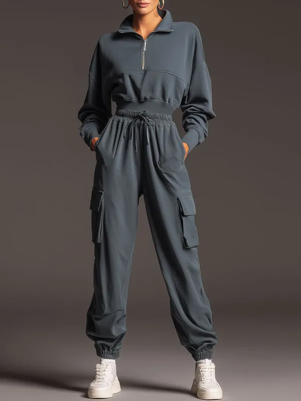 Sporty Retro Gray-Blue Cotton Long-Sleeved Half-Zip Sweatshirt And Cargo Pants Set sold by Oyrosy