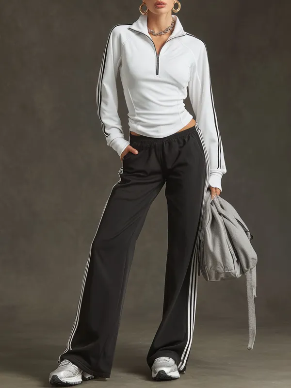 Sporty Retro Striped Black-White Long-sleeved Sweatshirt And Wide-leg Pants Set sold by Oyrosy