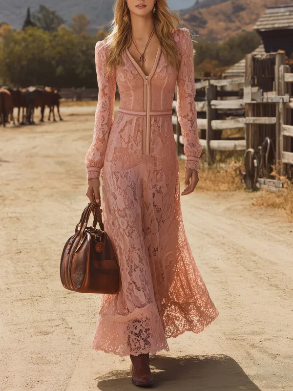 Elegant Pink Lace Long-sleeved Zip-up Maxi Dress sold by Oyrosy