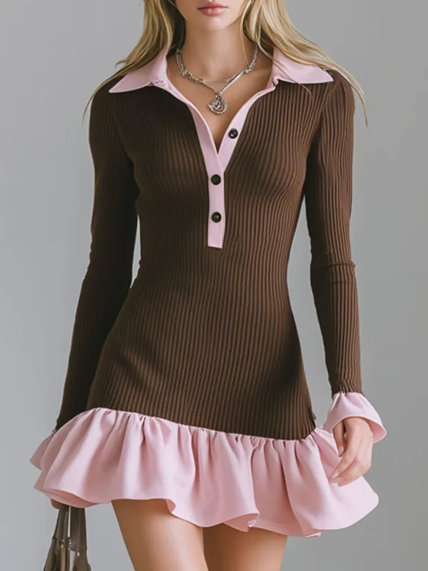Half-zip Color-blocked Ruffled Long-sleeved Athletic Mini Dress sold by Oyrosy