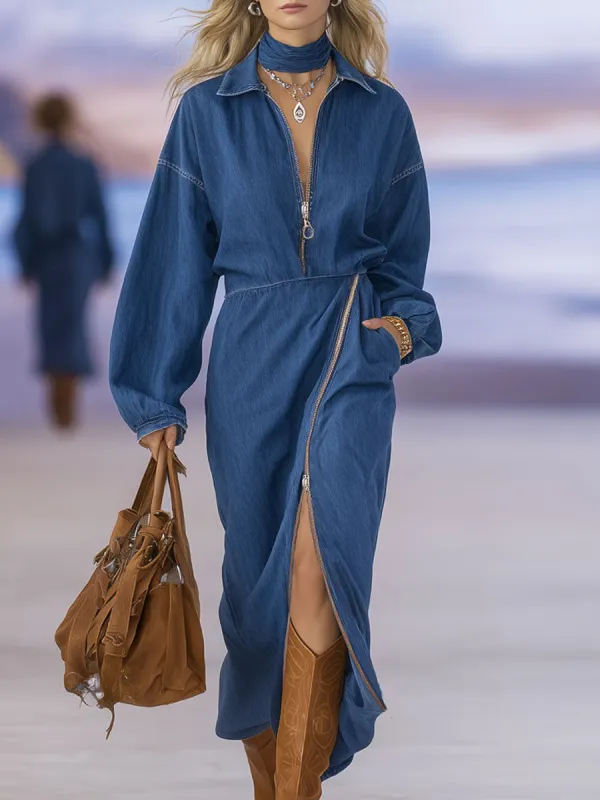 Loose-fitting Collar Zipper Closure Double Pockets Denim Long-sleeved Midi Dress sold by Oyrosy