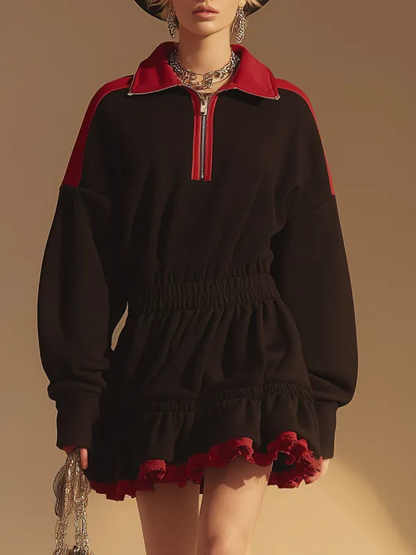 Athletic-style Retro Black Half-zip Cotton Sweatshirt Mini Dress sold by Oyrosy