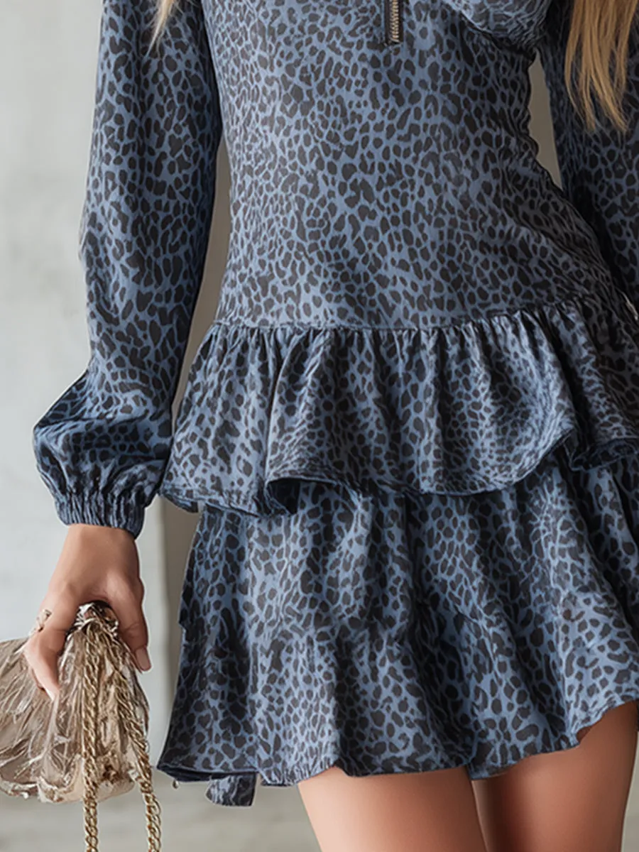 Retro Western-style Ruffled Blue Leopard Print Faux Suede Mini Dress sold by Oyrosy product image thumbnail 4