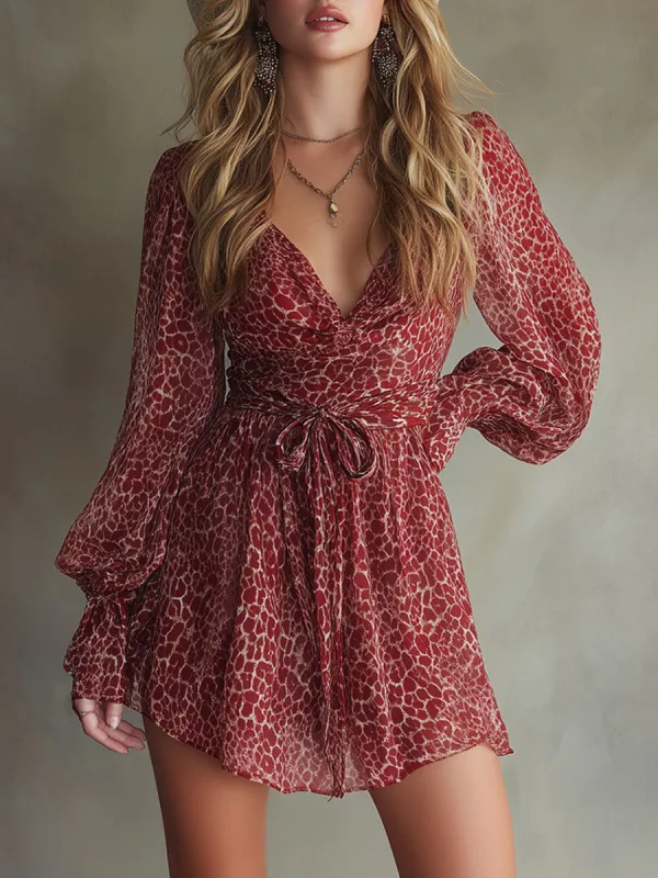 Retro-style Vacation Red Leopard Print Chiffon Long-sleeved Mini Dress sold by Oyrosy