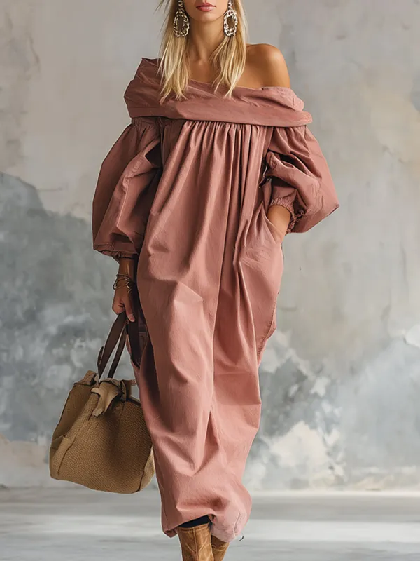 Artistic Silhouette Off-the-shoulder Dusty Pink Maxi Dress sold by Oyrosy
