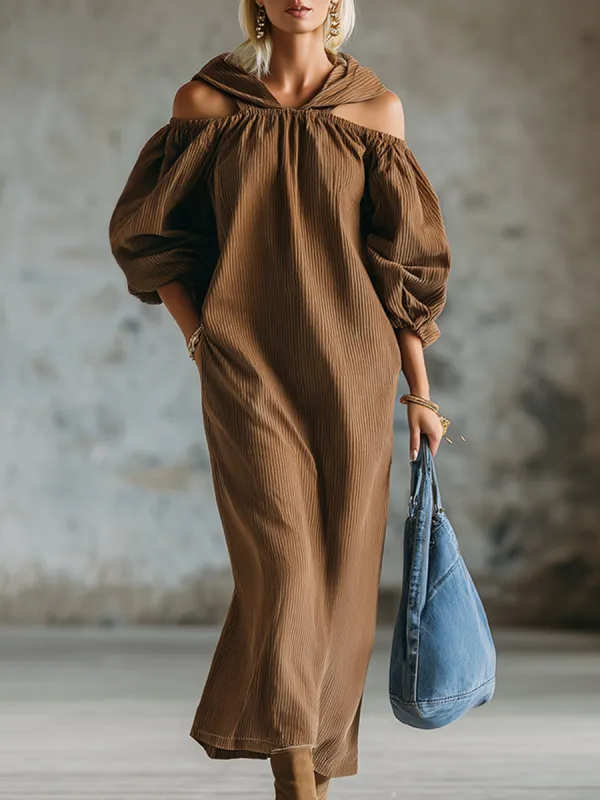 Casual Urban Style Caramel-colored Corduroy Hooded Off-the-shoulder Long-sleeved Maxi Dress sold by Oyrosy