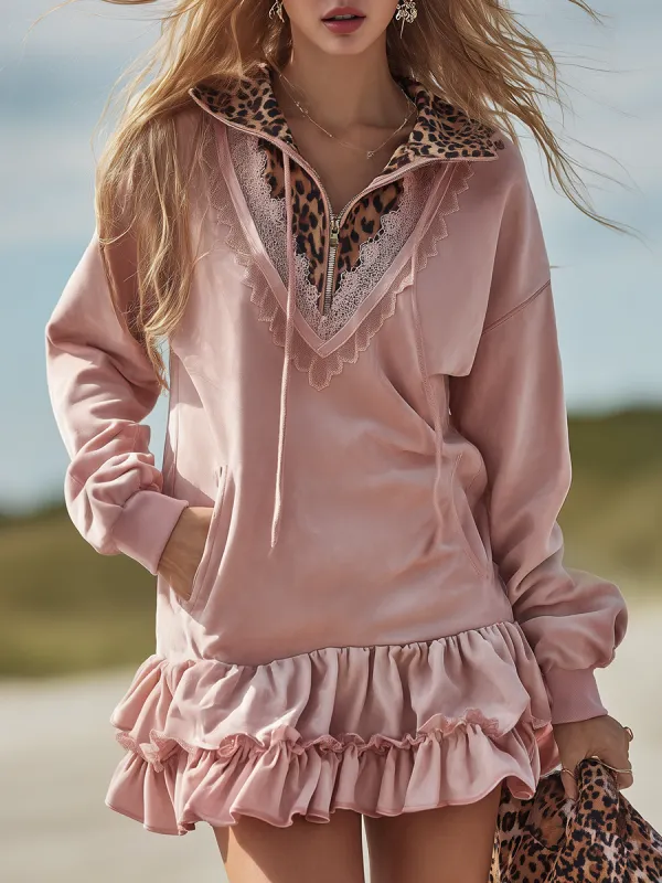 Retro Western-style Leopard Print Lapel Faux Suede Mini Dress sold by Oyrosy