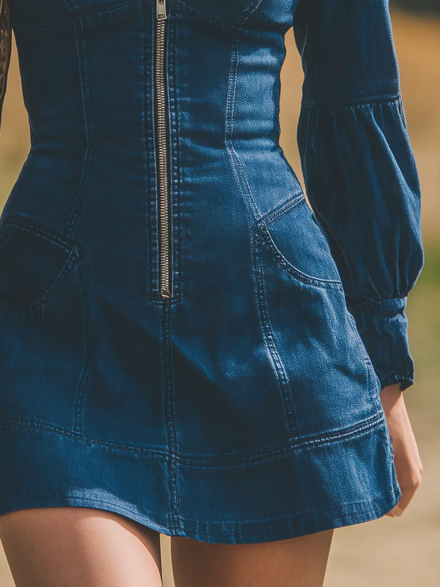 Retro Western Style Zippered V-neck Mini Denim Dress sold by Oyrosy product image thumbnail 4
