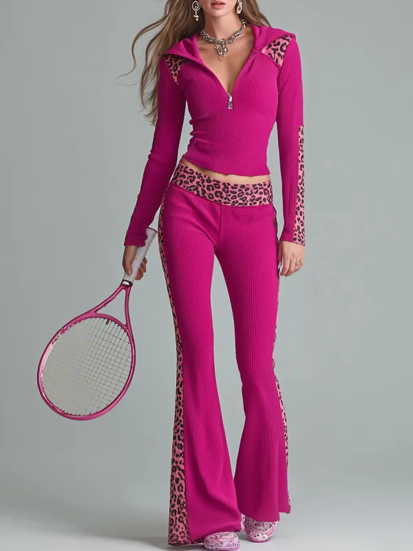 Retro Charming Sporty Style Leopard Print Hooded Top And Flared Pants Set sold by Oyrosy
