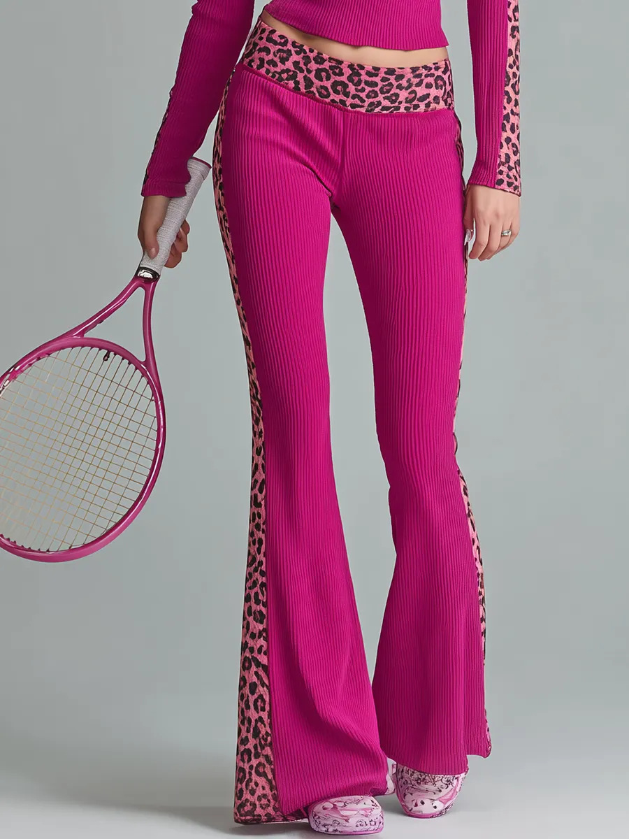 Retro Charming Sporty Style Leopard Print Hooded Top And Flared Pants Set sold by Oyrosy product image thumbnail 4
