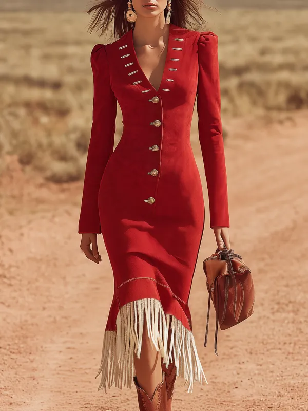 Vintage Western Style V-neck Metal Buttons And Fringe Faux Suede Midi Dress sold by Oyrosy