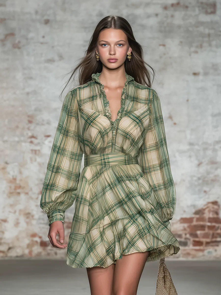 Retro V-neck Plaid Chiffon Mini Dress sold by Oyrosy product image thumbnail 2