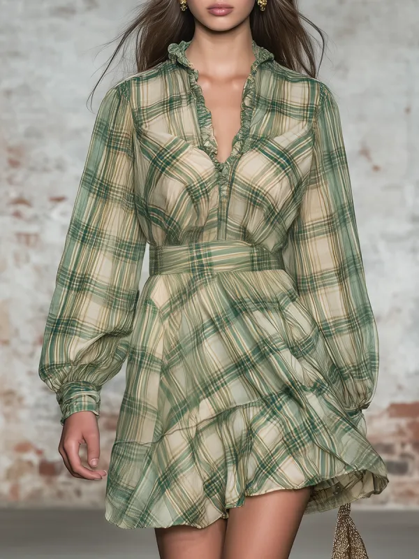 Retro V-neck Plaid Chiffon Mini Dress sold by Oyrosy
