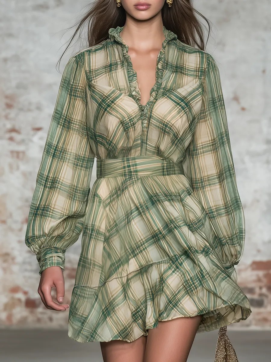 Retro V-neck Plaid Chiffon Mini Dress sold by Oyrosy
