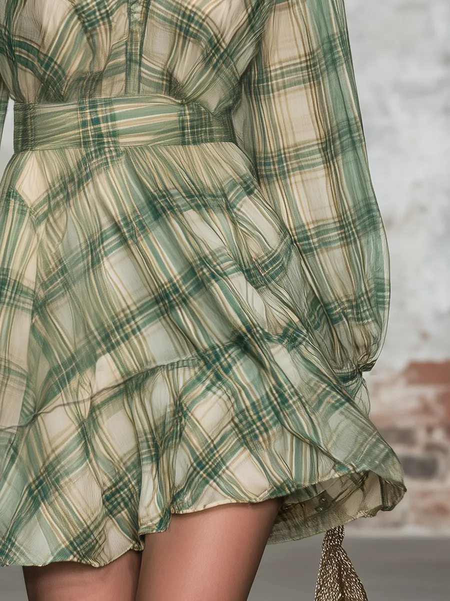 Retro V-neck Plaid Chiffon Mini Dress sold by Oyrosy product image thumbnail 4