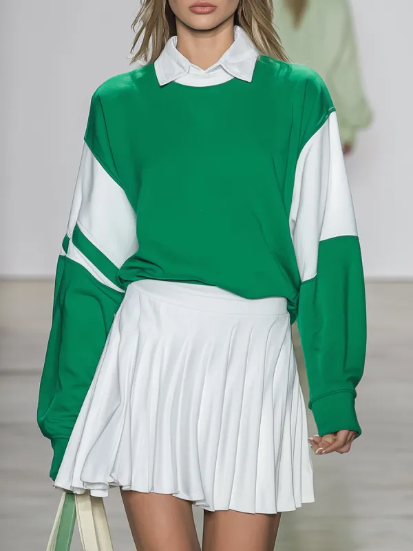Stylish Green And White Color-blocked Sweatshirt And Pleated Skirt Set sold by Oyrosy