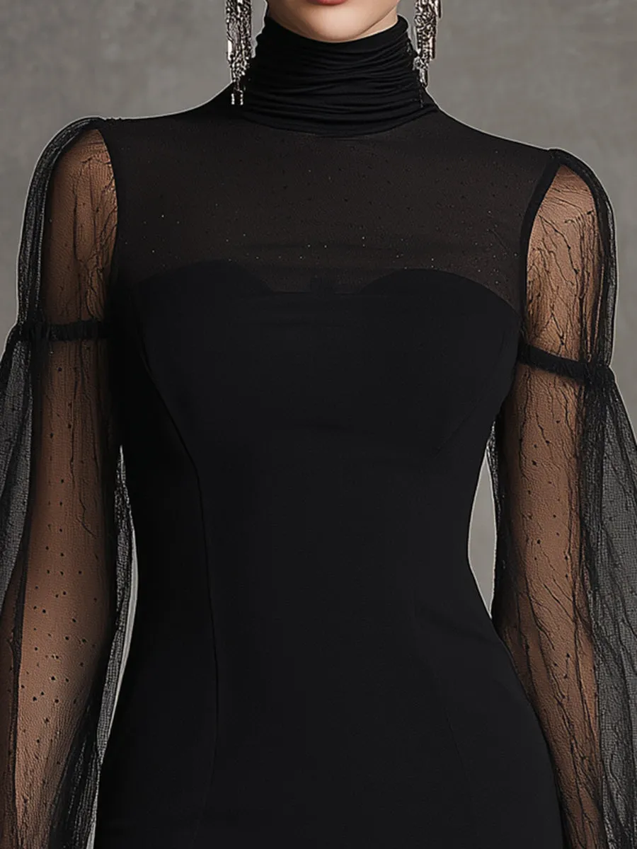 Elegant Black Knitted And Tulle Patchwork Mini Dress sold by Oyrosy product image thumbnail 3