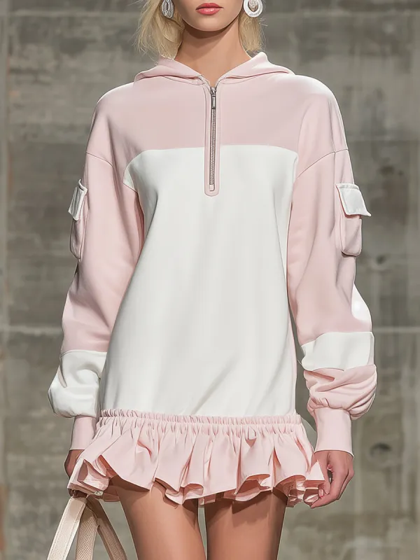 Stylish Pink And White Color-block With A Half-zip And Ruffled Hem Mini Dress sold by Oyrosy