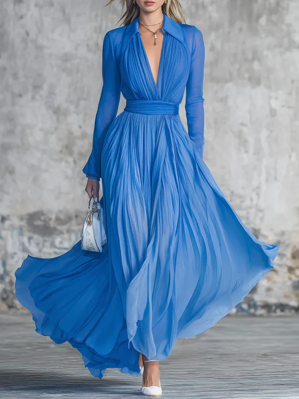 Stylish Blue Pleated Chiffon V-neck Maxi Dress sold by Oyrosy