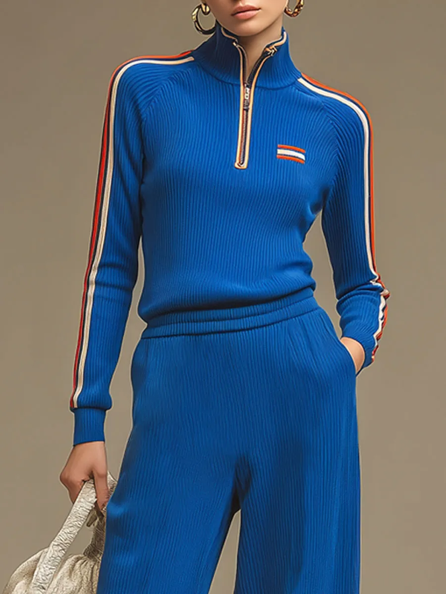 Casual Sporty Striped Royal Blue Knit Ribbed Half-zip Top And Wide-leg Pants Set sold by Oyrosy product image thumbnail 3