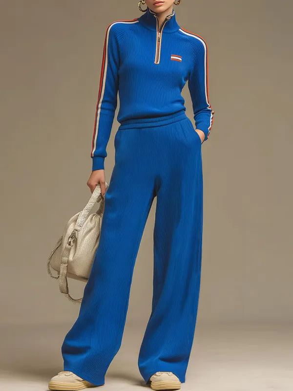 Casual Sporty Striped Royal Blue Knit Ribbed Half-zip Top And Wide-leg Pants Set sold by Oyrosy