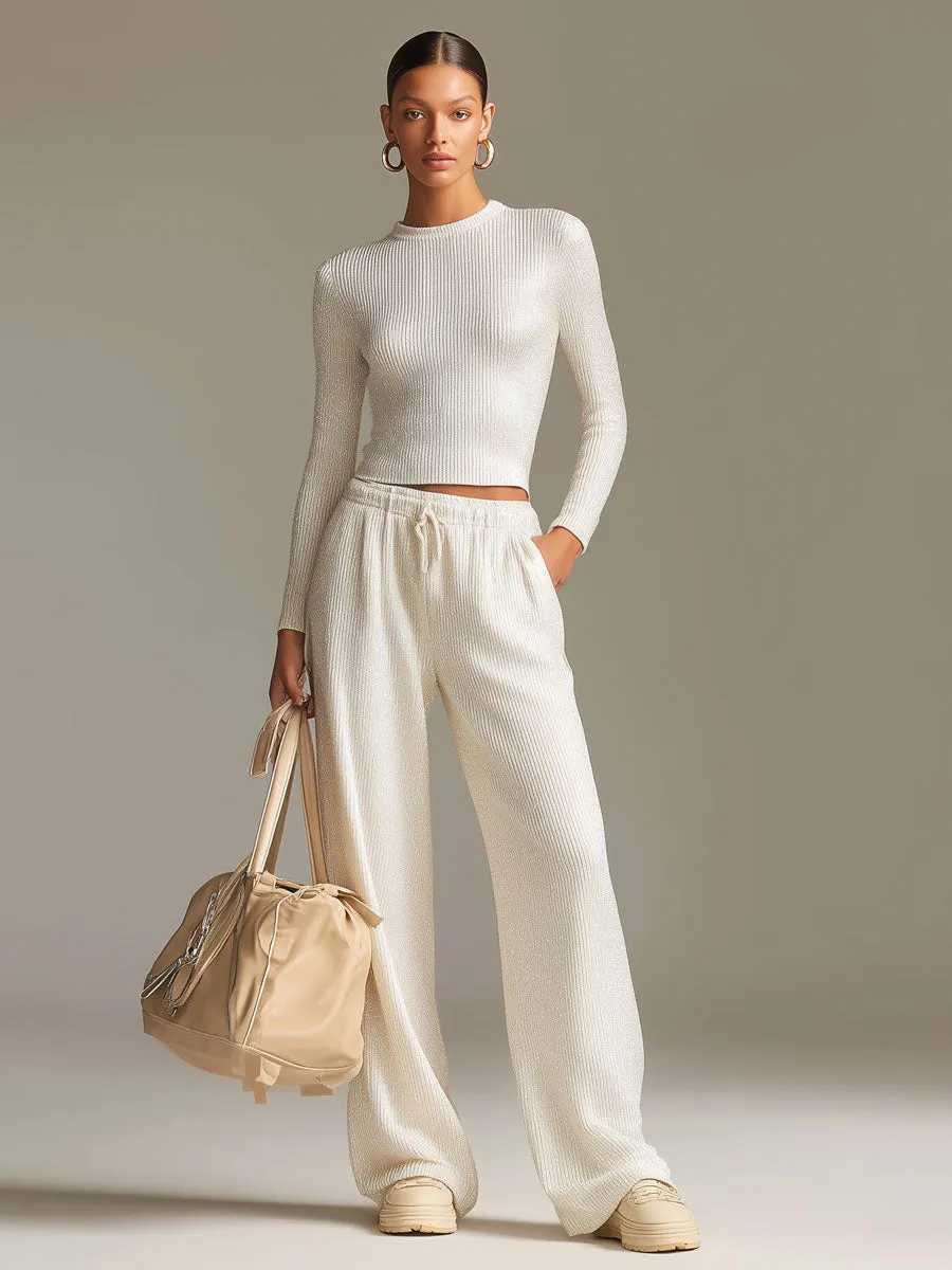 Fashionable Sporty White Knit Ribbed Crew Neck Top And Wide-leg Pants Set sold by Oyrosy product image thumbnail 2
