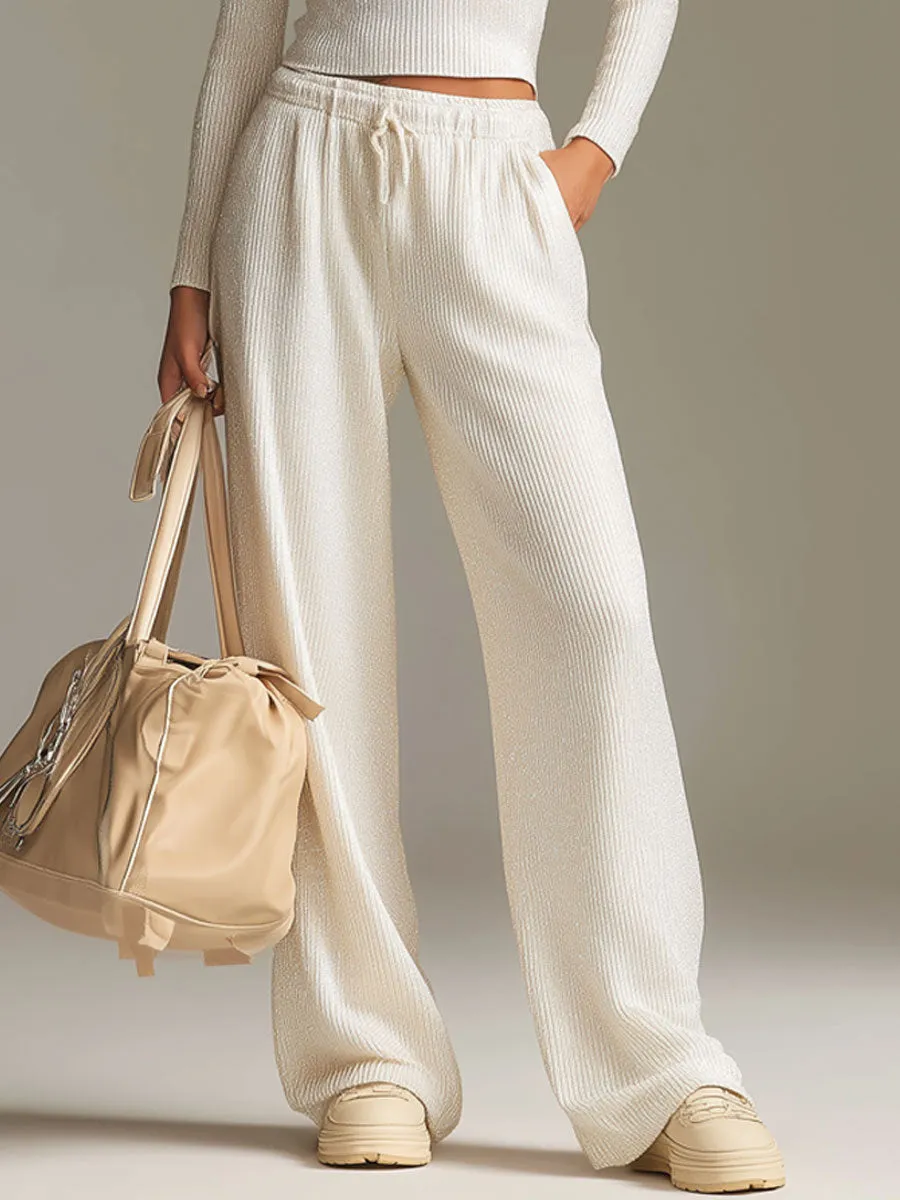 Fashionable Sporty White Knit Ribbed Crew Neck Top And Wide-leg Pants Set sold by Oyrosy product image thumbnail 3