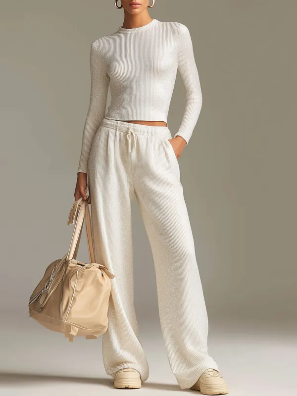 Fashionable Sporty White Knit Ribbed Crew Neck Top And Wide-leg Pants Set sold by Oyrosy