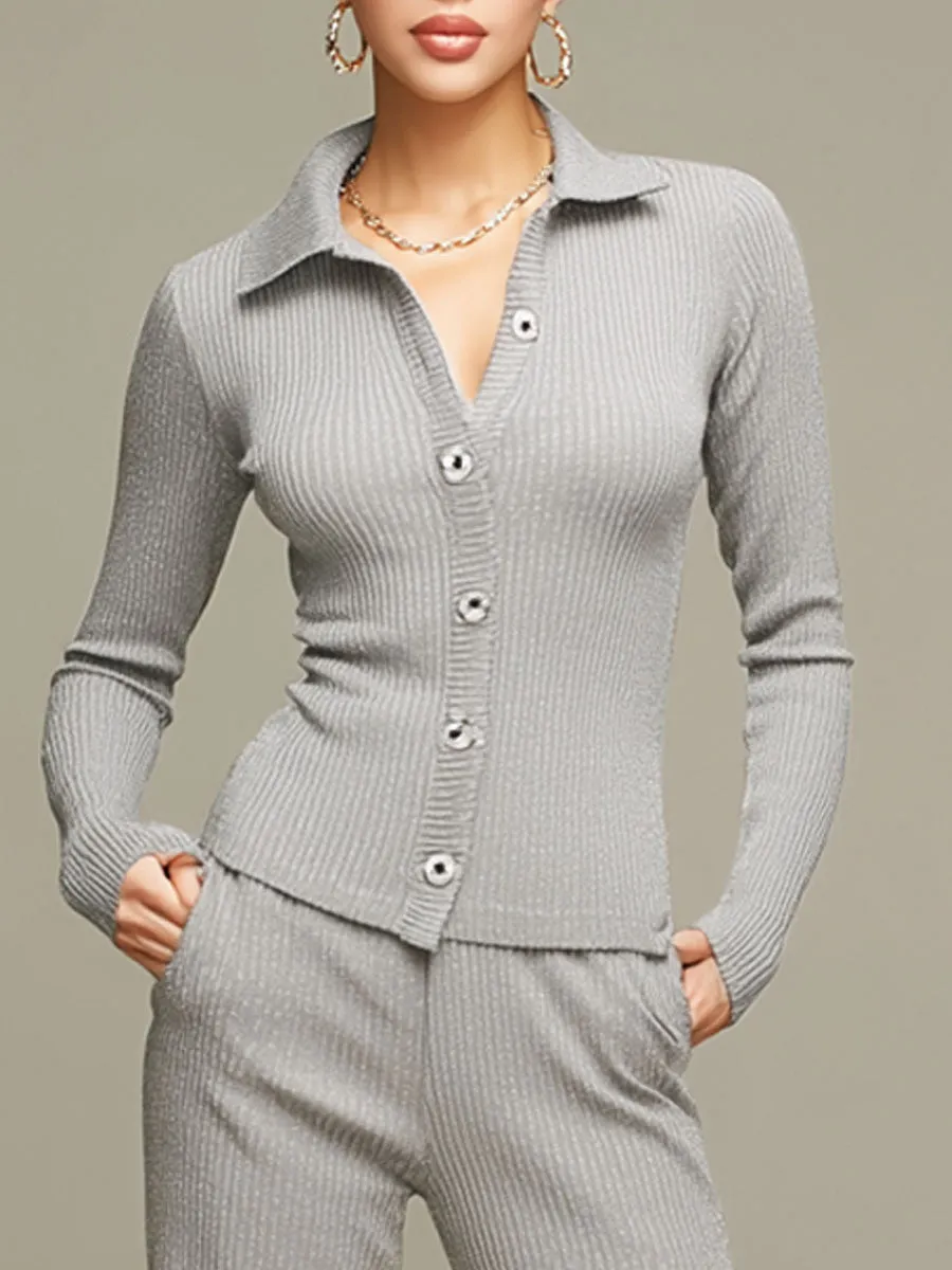 Sporty Grey And Silver-thread Knit Ribbed Cardigan And Flared Pants Set sold by Oyrosy product image thumbnail 3