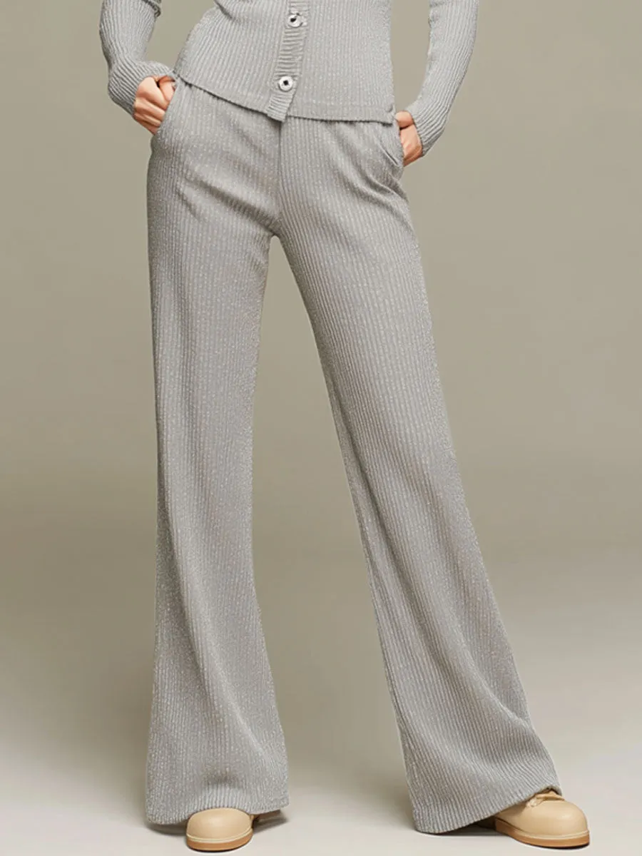 Sporty Grey And Silver-thread Knit Ribbed Cardigan And Flared Pants Set sold by Oyrosy product image thumbnail 4