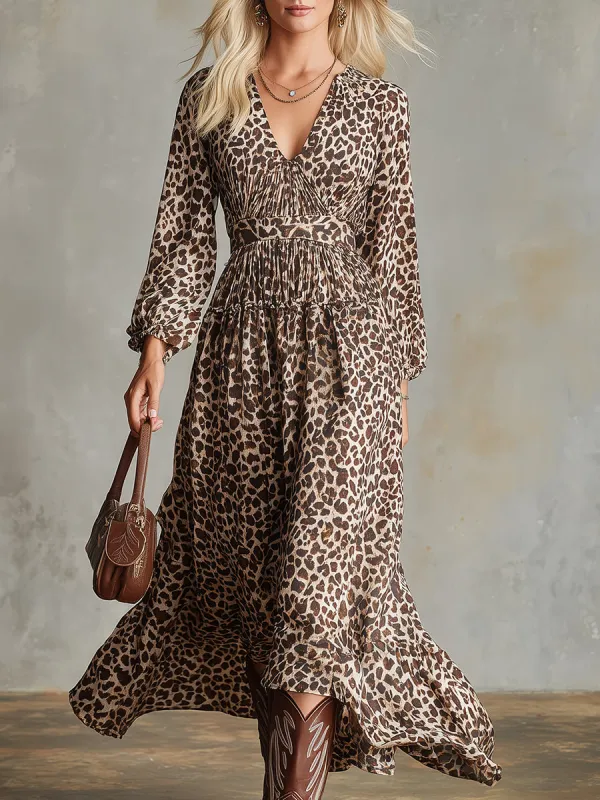 Stylish Leopard Print Chiffon V-neck Midi Dress With Elasticated Waist. sold by Oyrosy