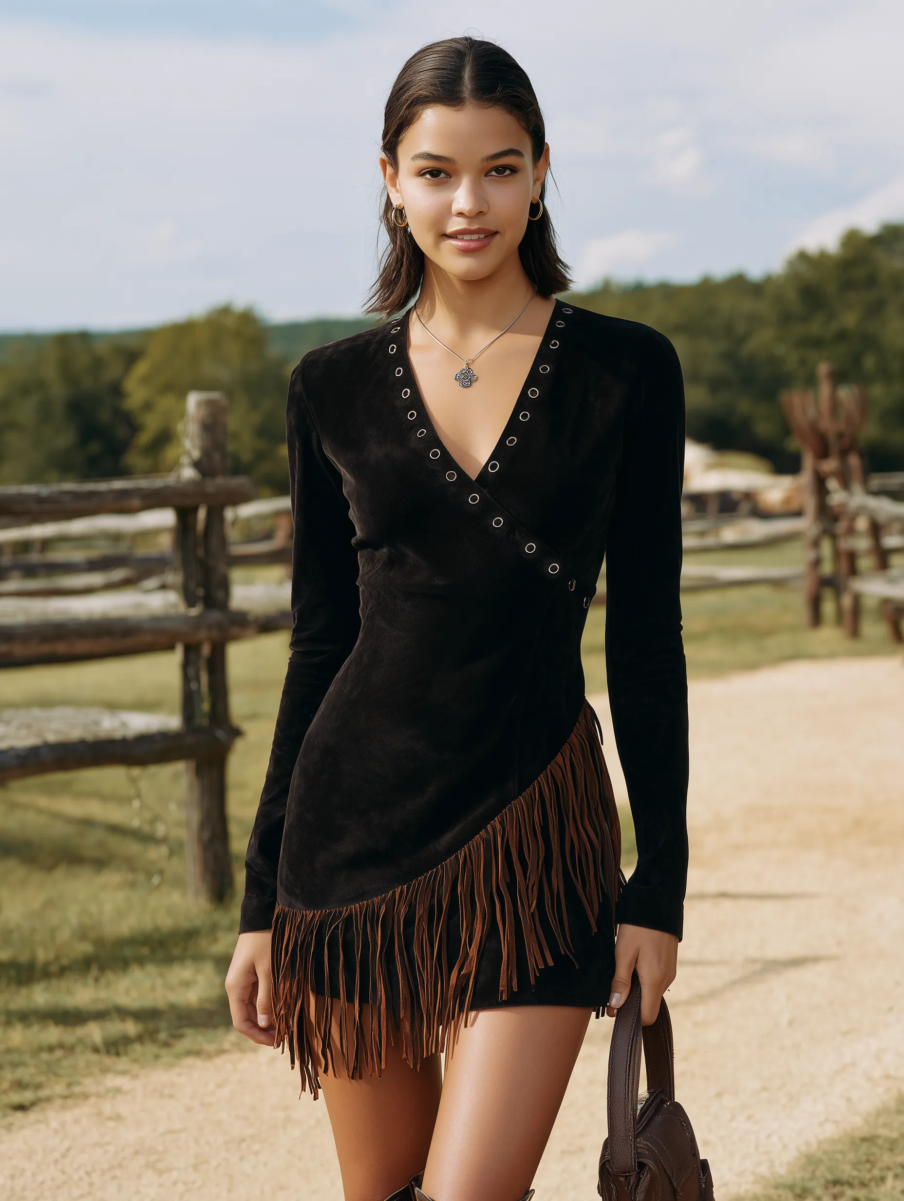 Western-style Black Faux Suede V-neck Mini Dress With Patchwork And Fringe Details sold by Oyrosy product image thumbnail 2