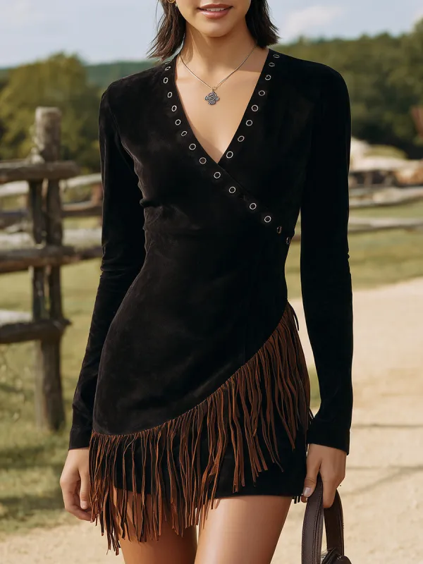 Western-style Black Faux Suede V-neck Mini Dress With Patchwork And Fringe Details sold by Oyrosy