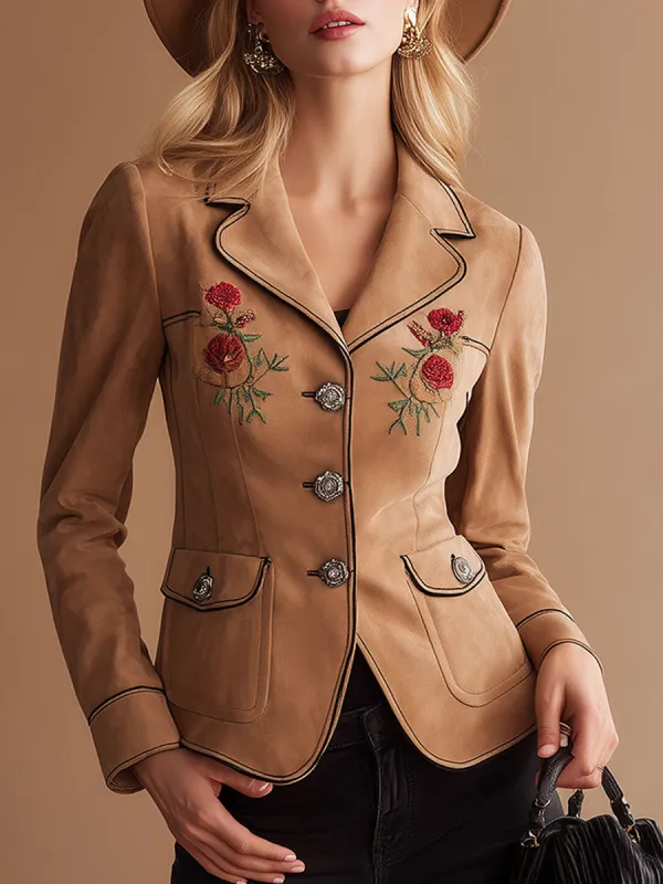 Vintage Western-style Embroidered Brown Lapel Faux Suede Blazer sold by Oyrosy