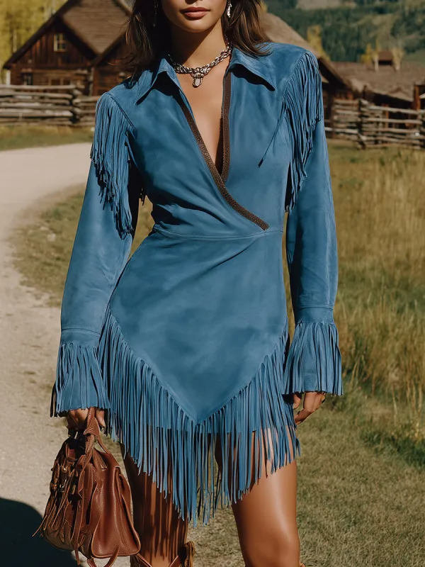 Western-style Blue Faux Suede Patchwork Mini Dress With Fringe Details. sold by Oyrosy
