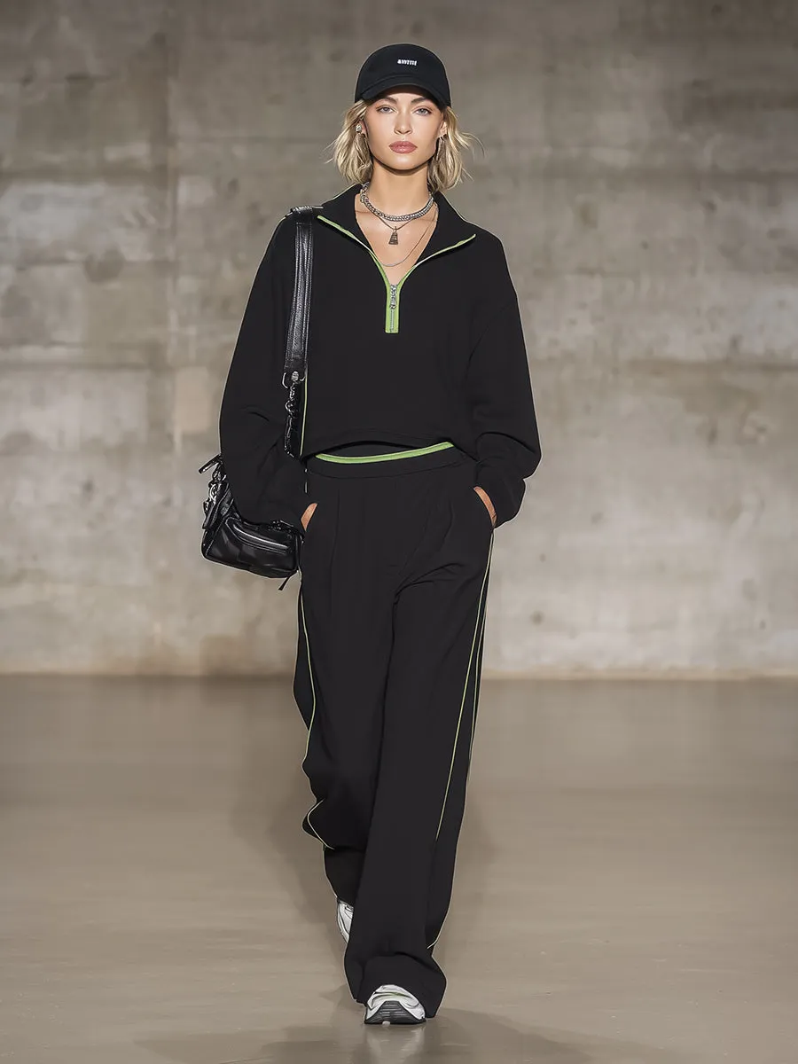 Stylish Black Pure Cotton Half-zip Sweatshirt And Wide-leg Pants Set. sold by Oyrosy product image thumbnail 2