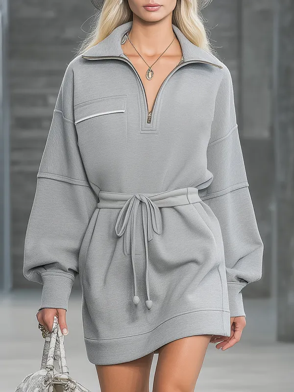 Casual Grey Sweatshirt-style  With Half-zip And Elasticated Waist  Mini Dress sold by Oyrosy